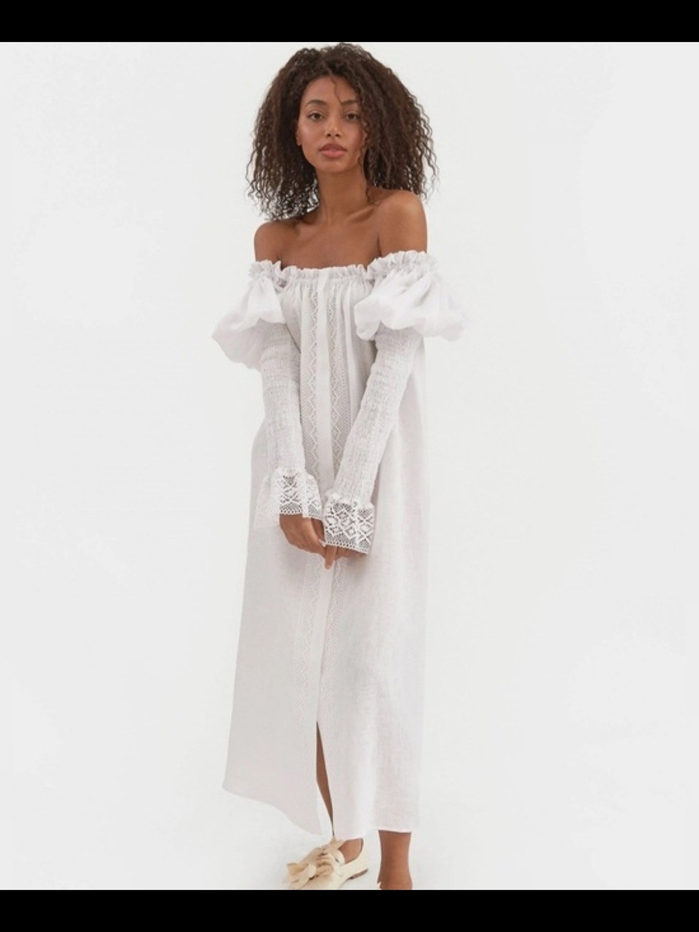 Sleeper White Off-Shoulder Midi Dress with Puff Sleeves - Picture 1 of 5